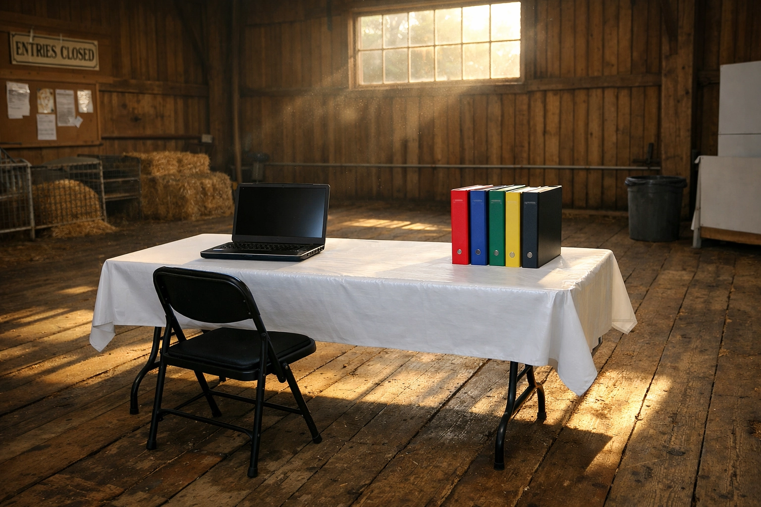 An organized ag society office with a laptop and binders, symbolizing the relief of efficient fair systems.