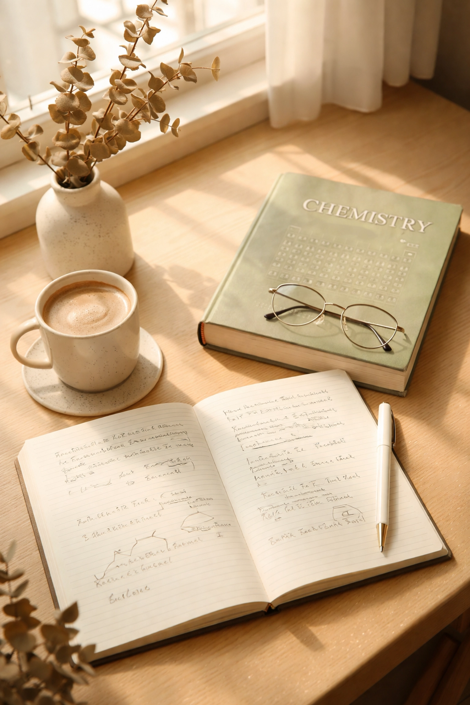 Open chemistry textbook and study notes with coffee, focused gap year revision for future medical school success