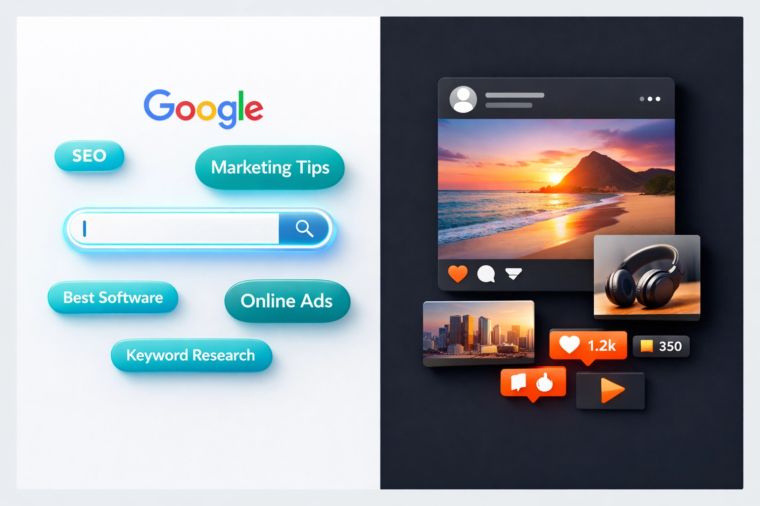 Porovnání Google Ads vyhledávání a Facebook reklamy v sociálních sítích