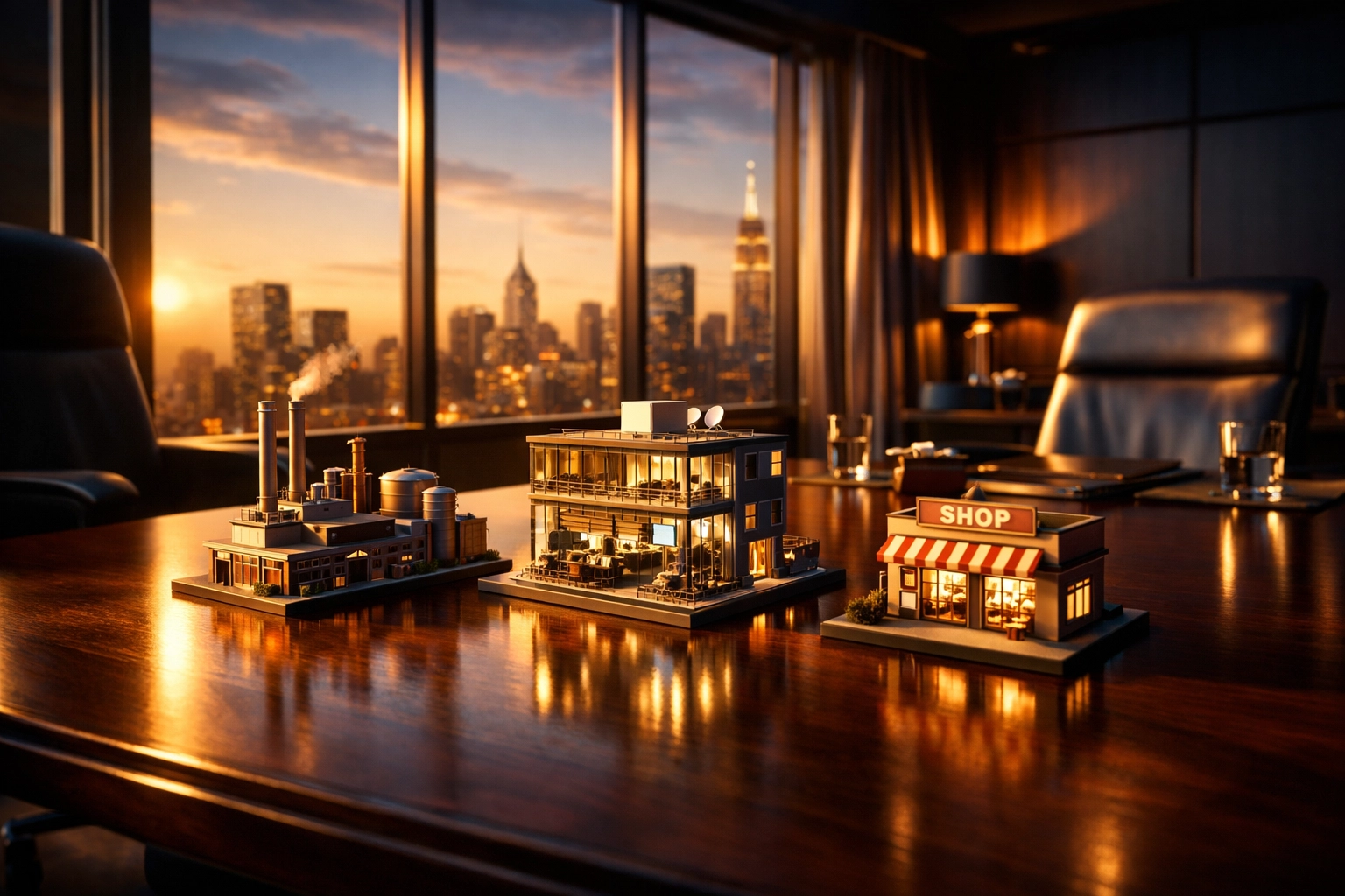 Corporate boardroom with business models representing private equity investment opportunities