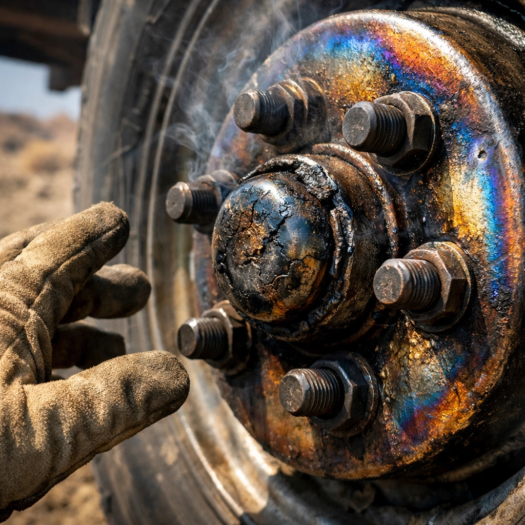 Overheated trailer wheel hub showing heat discoloration from failing bearings