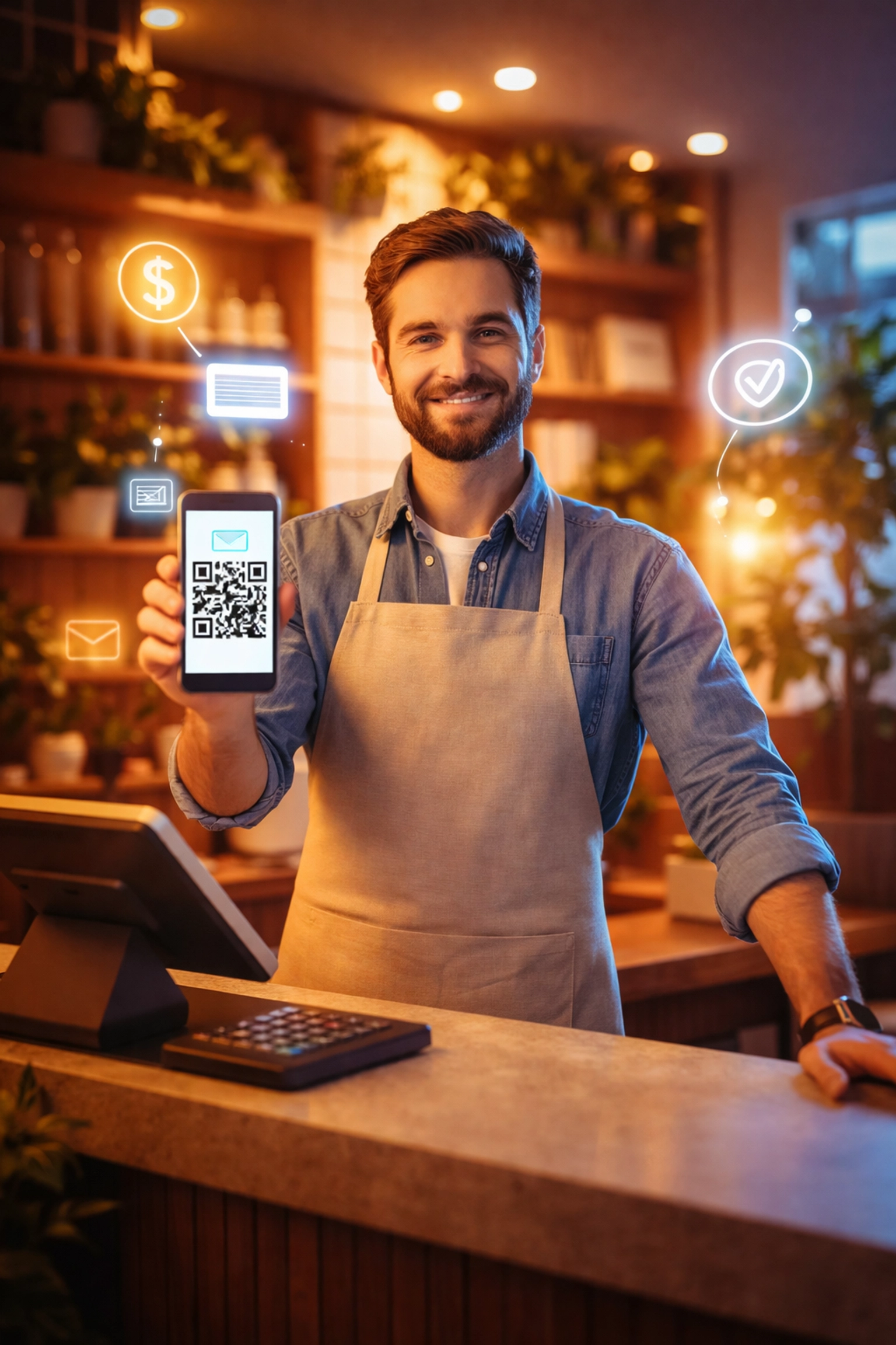 Small business owner using QR code for easy crypto payment acceptance at point of sale
