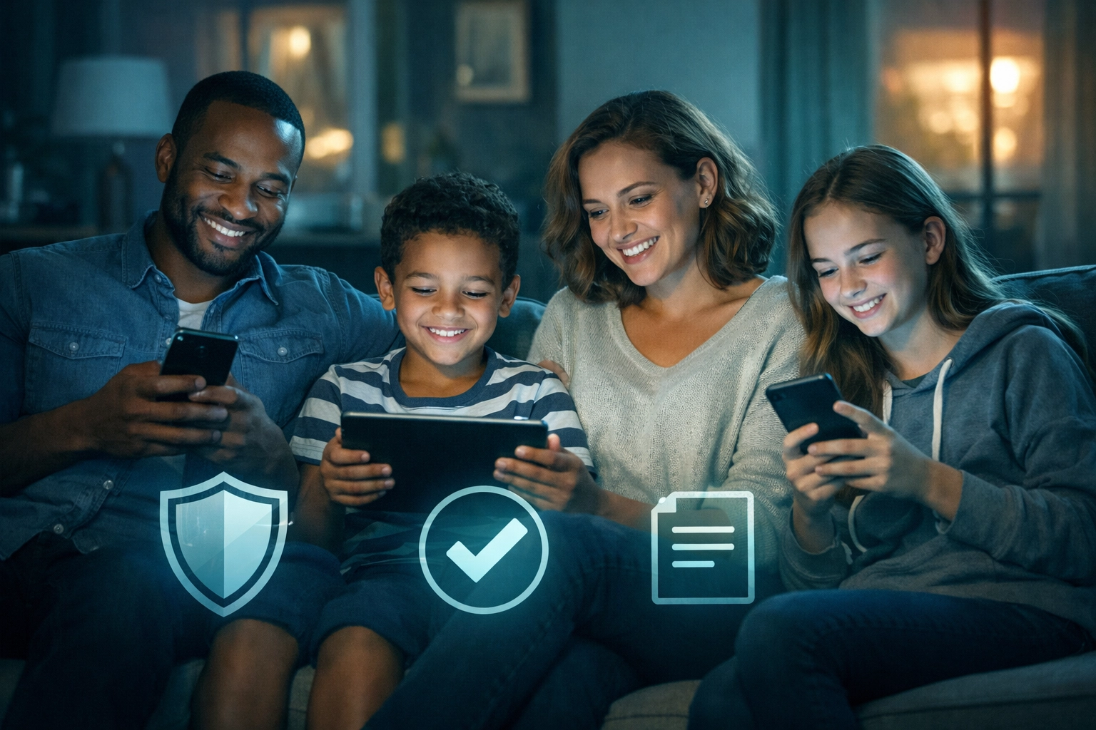 Familia usando tecnología móvil para gestionar impuestos con tranquilidad desde casa