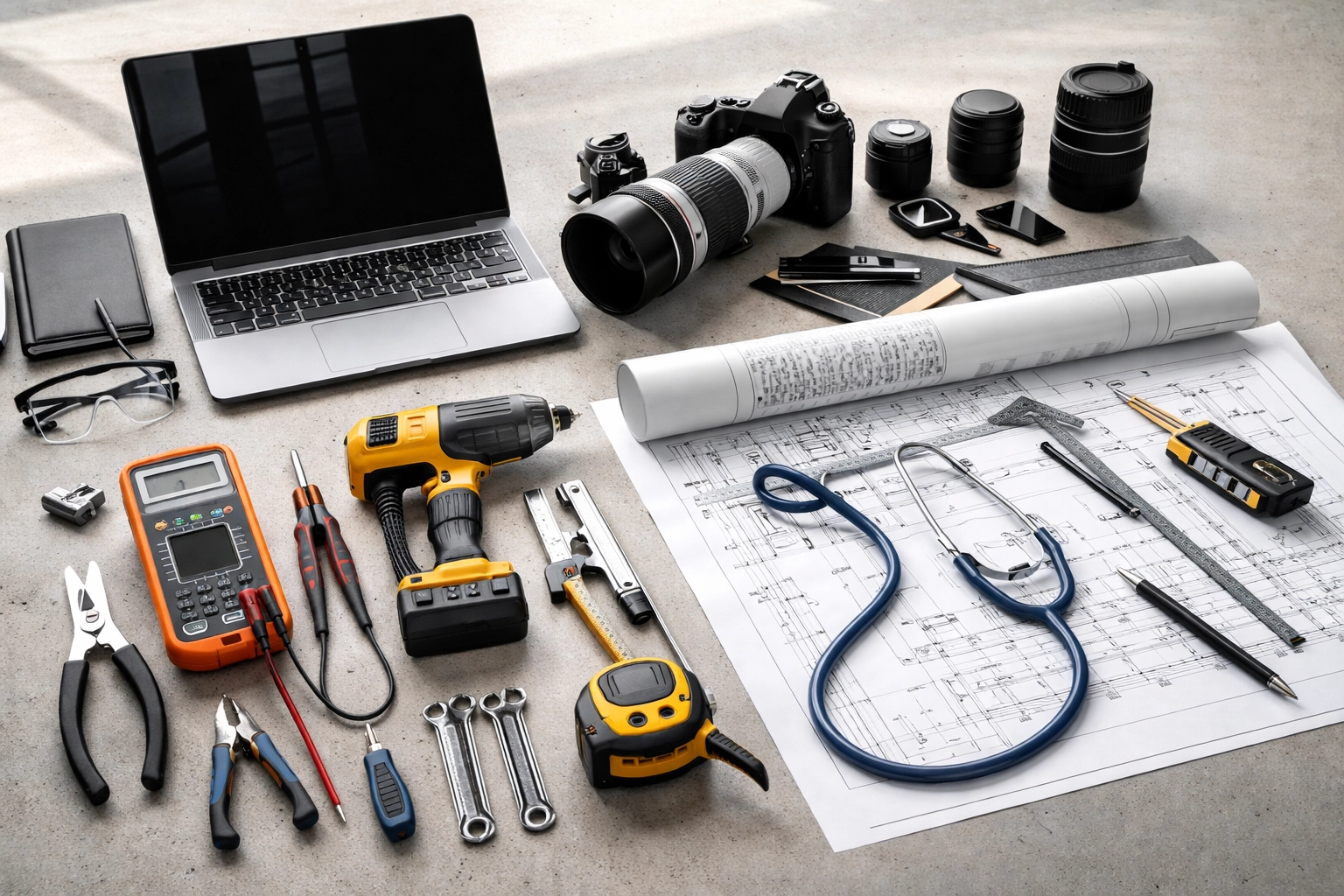 Variety of professional tools and equipment on a workshop table highlights covered assets in inland marine insurance