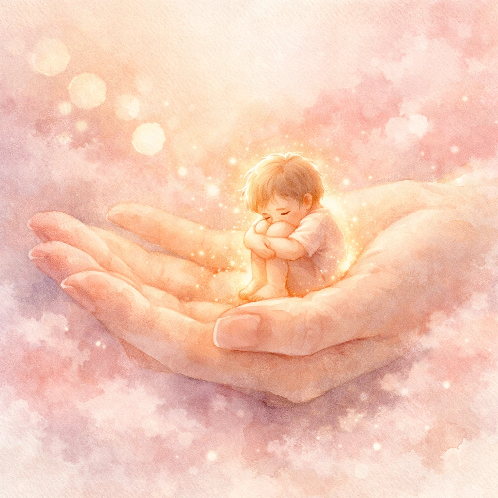 Gentle hands protecting a glowing inner light representing the inner critic as a misguided protector