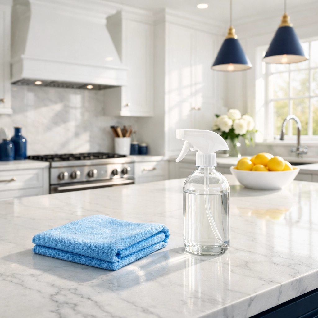 Eco-friendly residential cleaning Massachusetts results in a spotless luxury Dover kitchen with white marble.