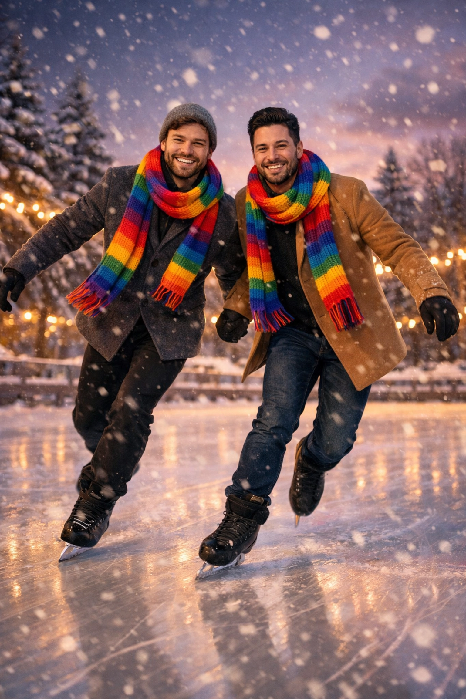 Gay couple skating side-by-side on snowy outdoor rink in matching winter scarves