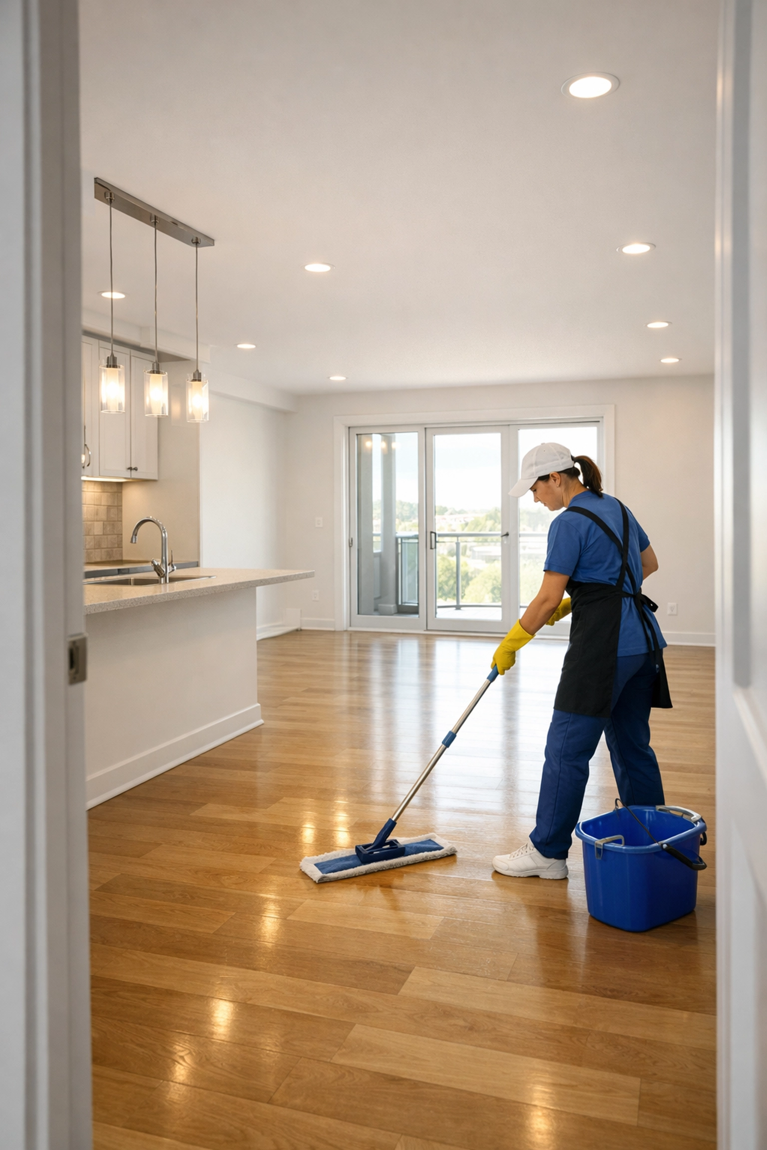 Professional cleaner mopping floors in bright, move-in ready apartment unit