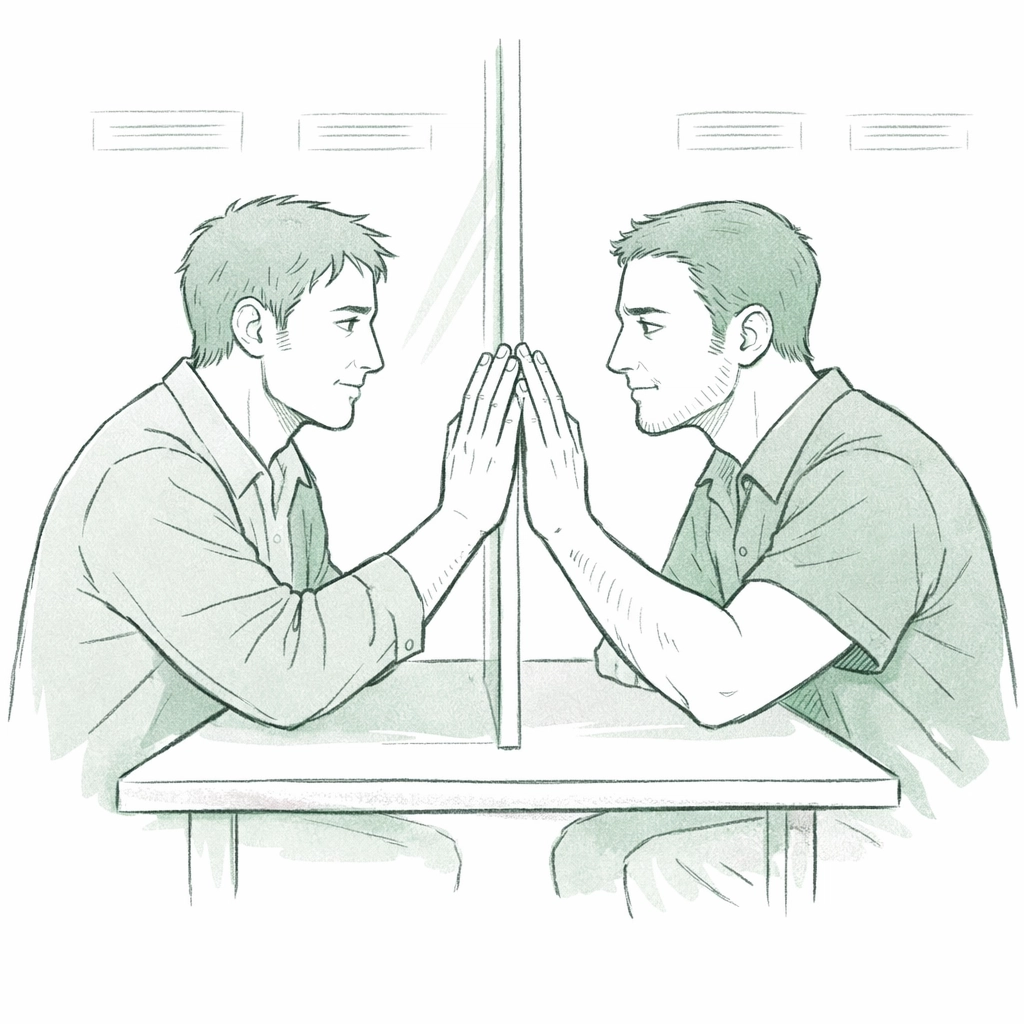 MM couple at prison visit separated by glass, palms pressed together showing emotional bond