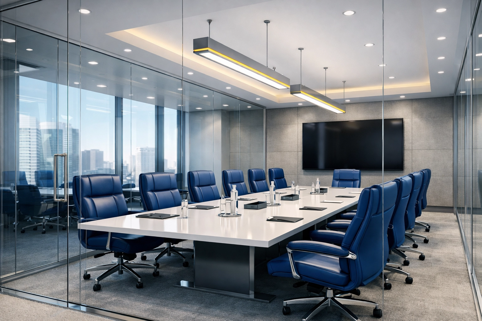 Streak-free glass-walled conference room in Wareham prepared for a professional business meeting.