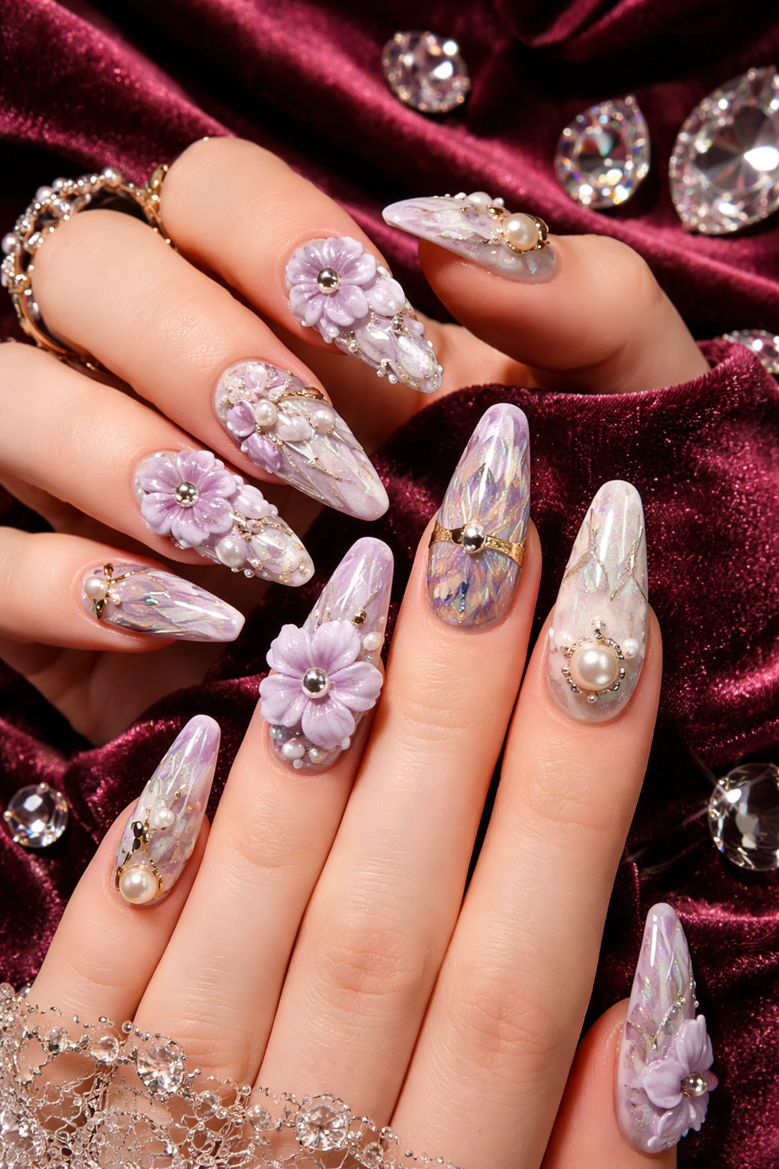Maximalist Japanese gel nail art featuring 3D floral designs, pearl accents, and chrome details on hands, representing bold luxury.