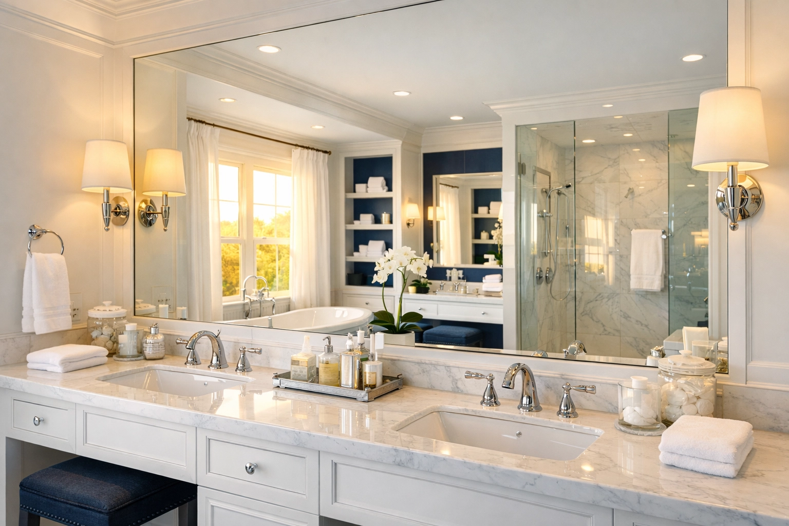 A pristine high-end bathroom maintained by professional bi weekly house cleaning services.