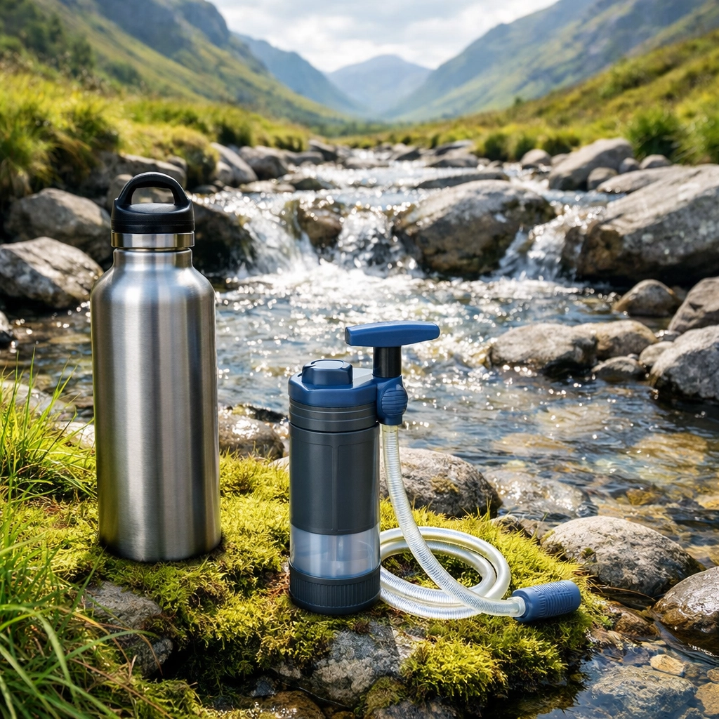 Mountain stream with a water filter and bottle during a wild camping guided UK survival trip.