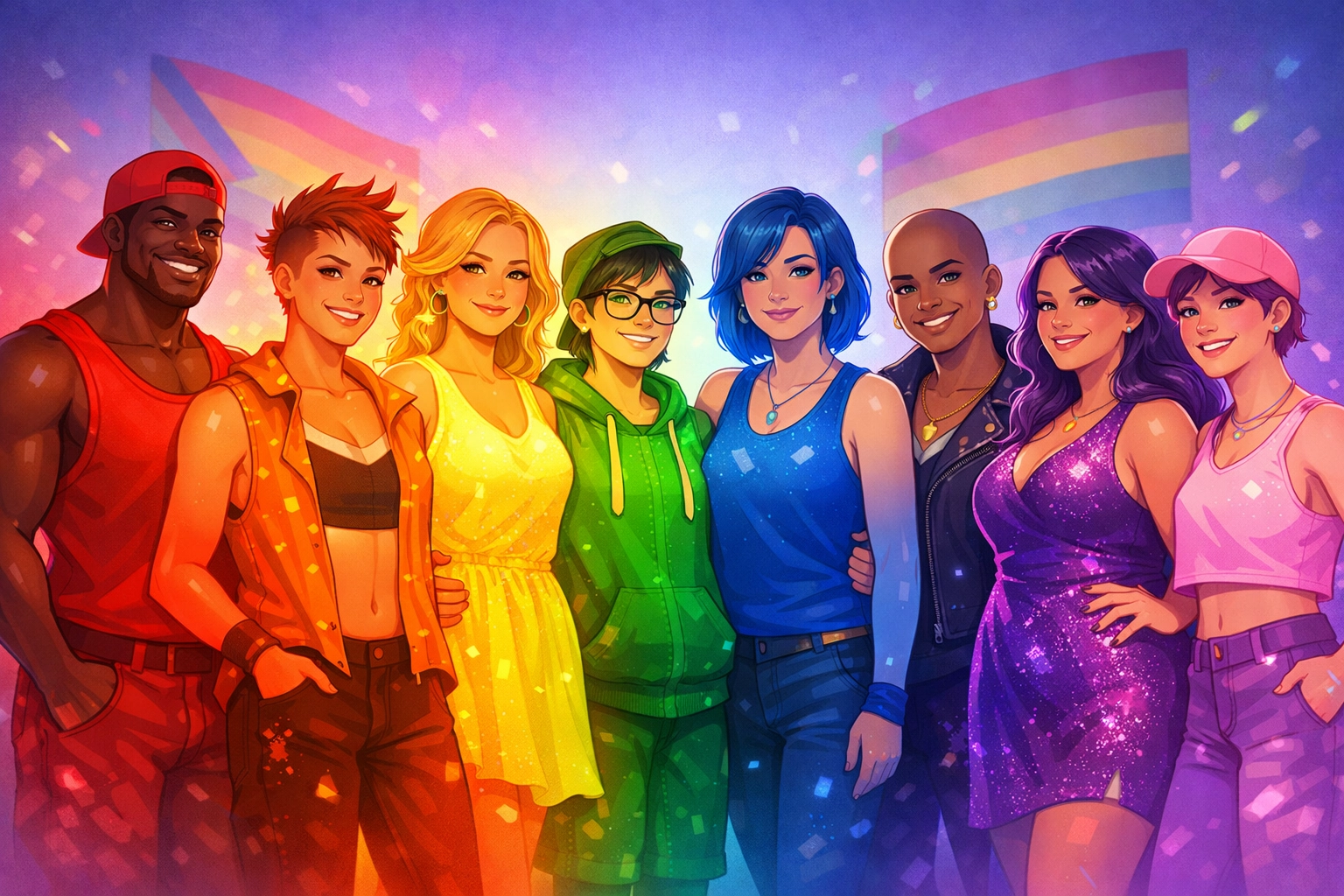 Diverse LGBTQ+ community members united in celebration of inclusive queer representation