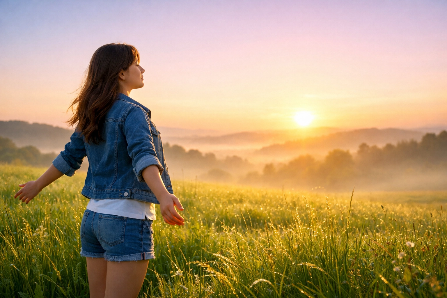A girl embracing a fresh start in a sunrise meadow, symbolizing hope in mental health residential treatment.