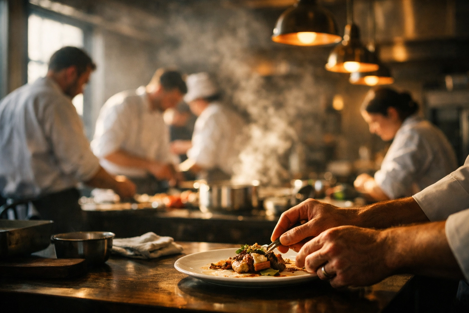 Chef team training in commercial kitchen during restaurant pre-opening preparation