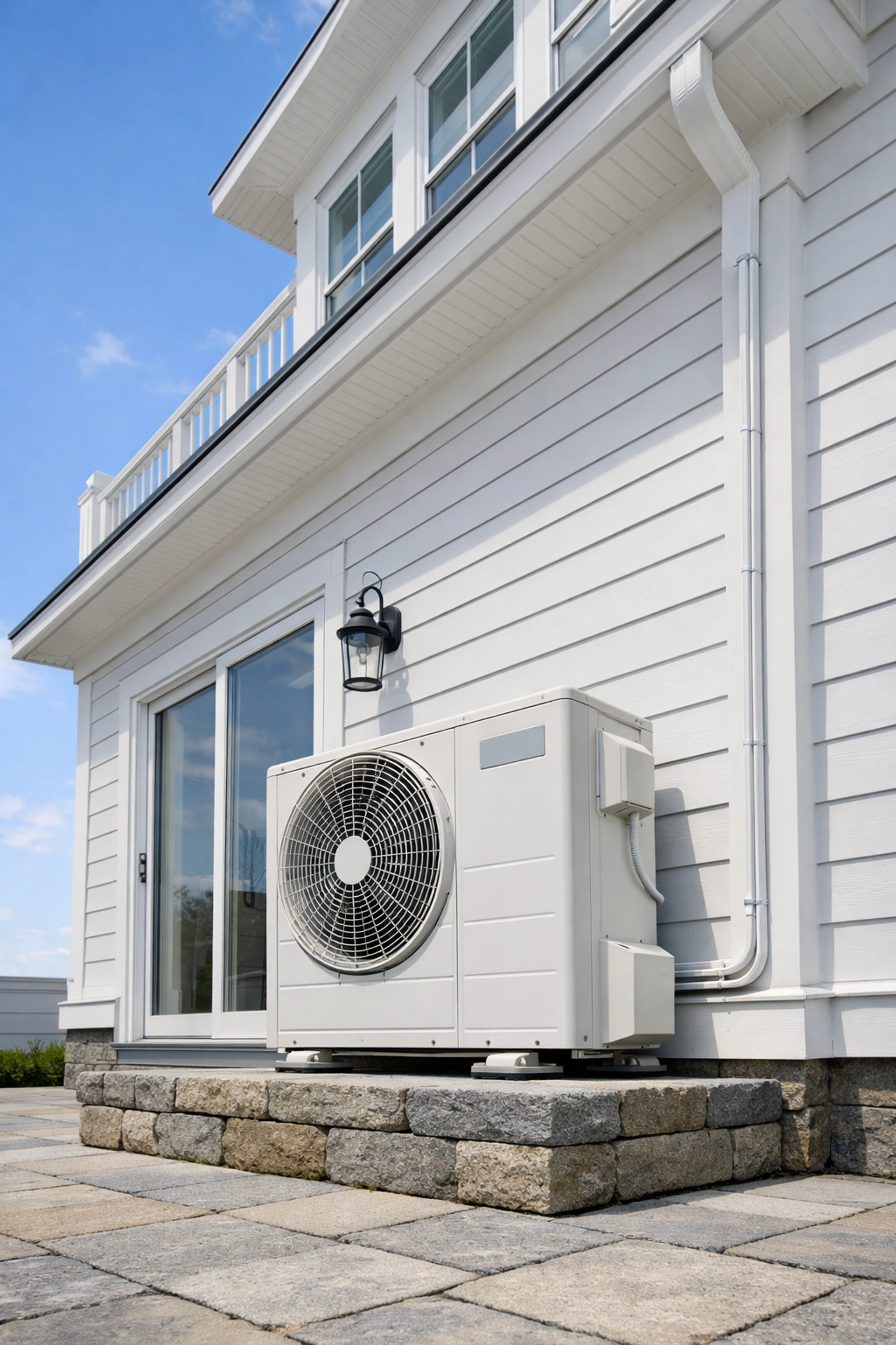 Neat electrical conduit and outdoor mini-split unit installed professionally on a white Maine home exterior.