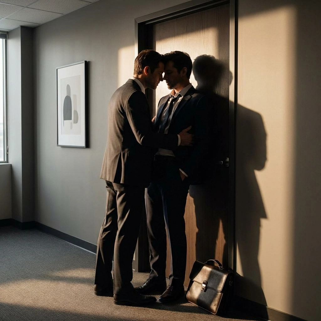 Two men in business suits embracing passionately against office door in workplace romance