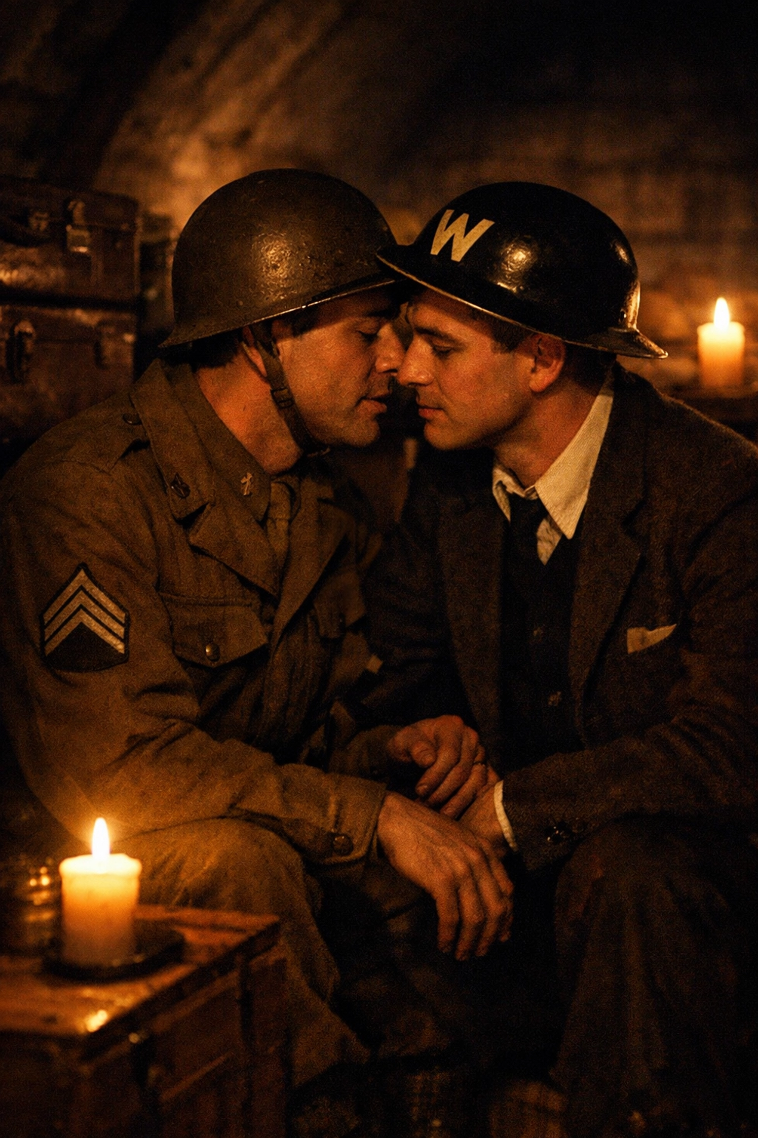 Gay couple in London Blitz shelter - American soldier and British warden share intimate moment