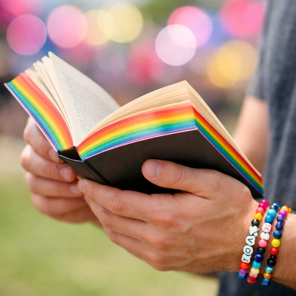 A reader holding a gay romance book with rainbow-edged pages at a sunny Pride festival.