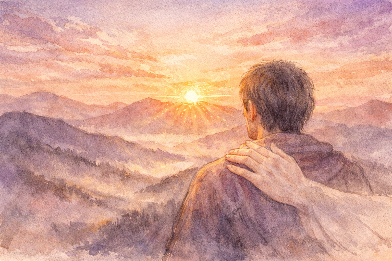 Watercolor mountain sunrise with a divine hand on a shoulder, symbolizing God's morning peace for parents.