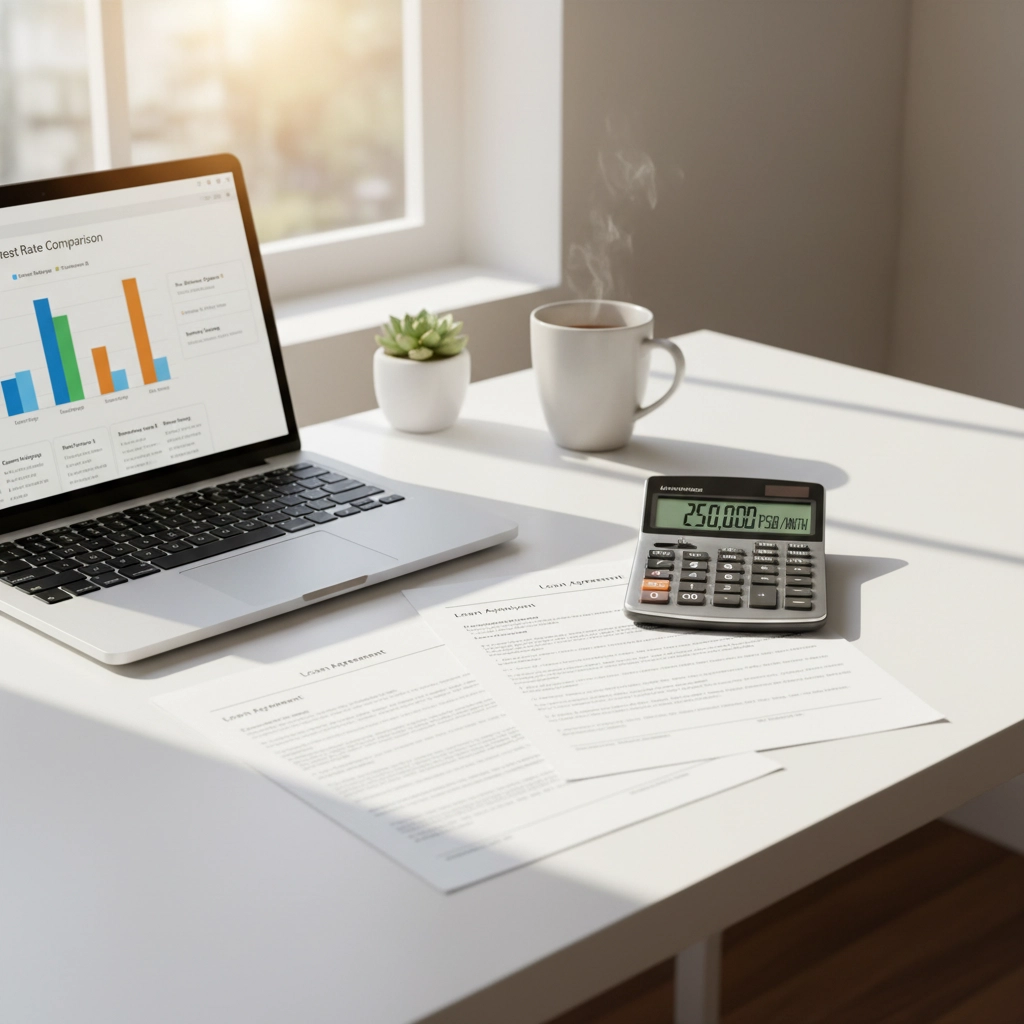 Laptop showing bar graphs, calculator displaying "250,000 PSB/YNTH," papers labeled "Loan Agreement," and coffee on a sunlit desk.