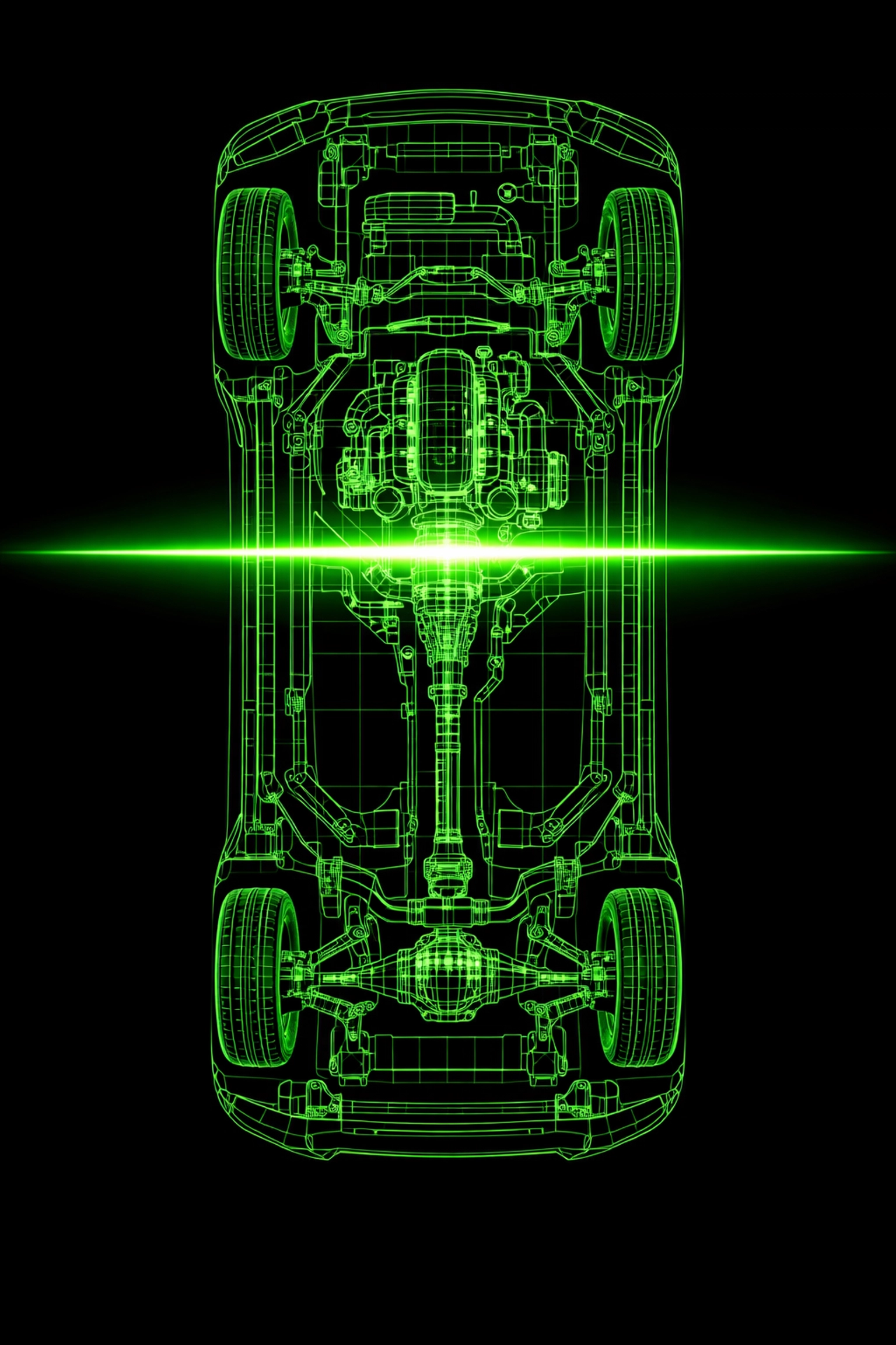 Professional used car inspection scan showing a neon green vehicle wireframe for safety.