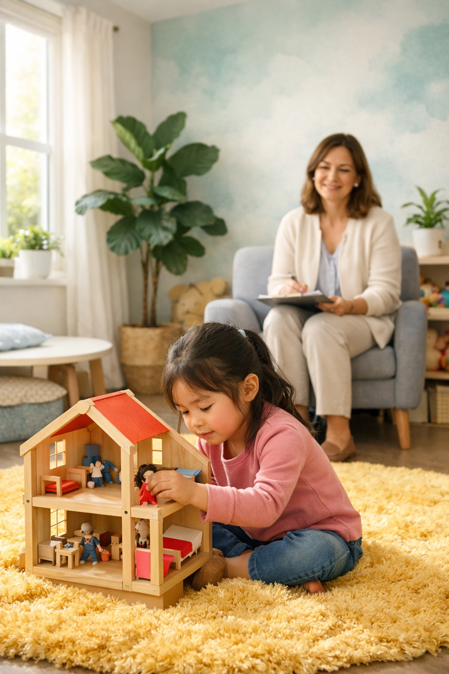 A young girl playing during a child therapy session in a sunny, private space to build trust.