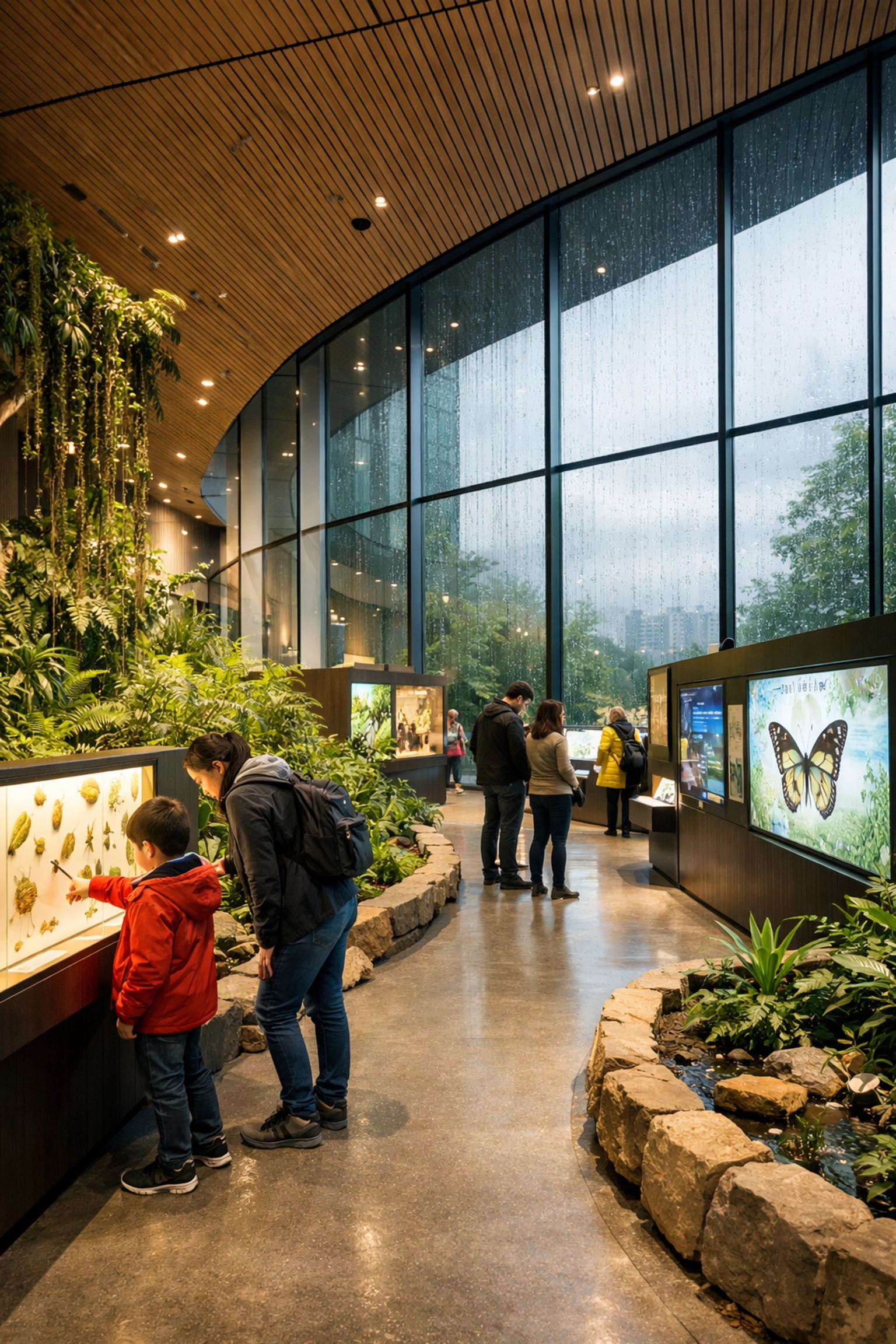 Modern, light-filled hall of the Montreal Insectarium with lush indoor greenery.