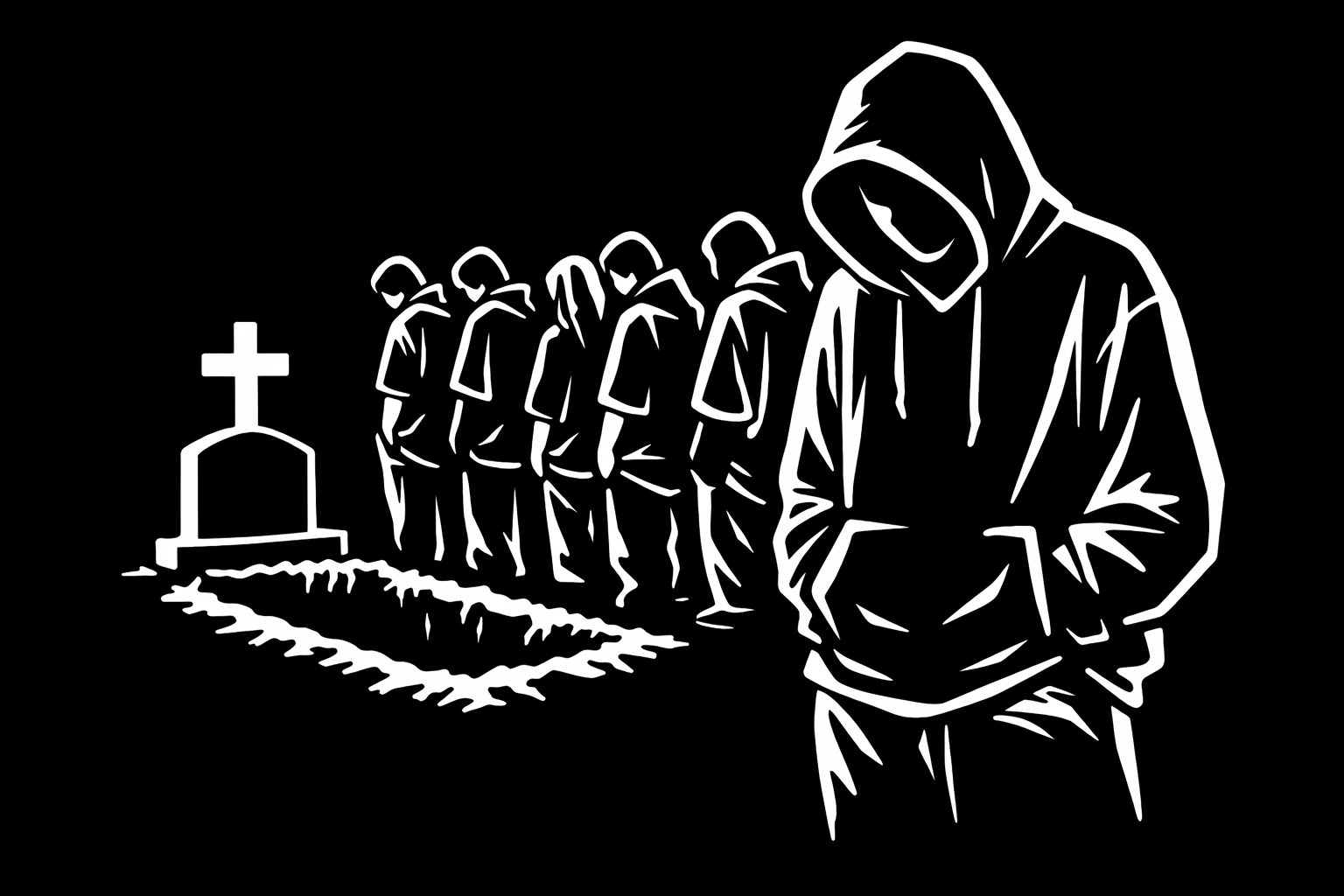 Mourners wearing offensive hoodies at a dark humor burial ceremony.
