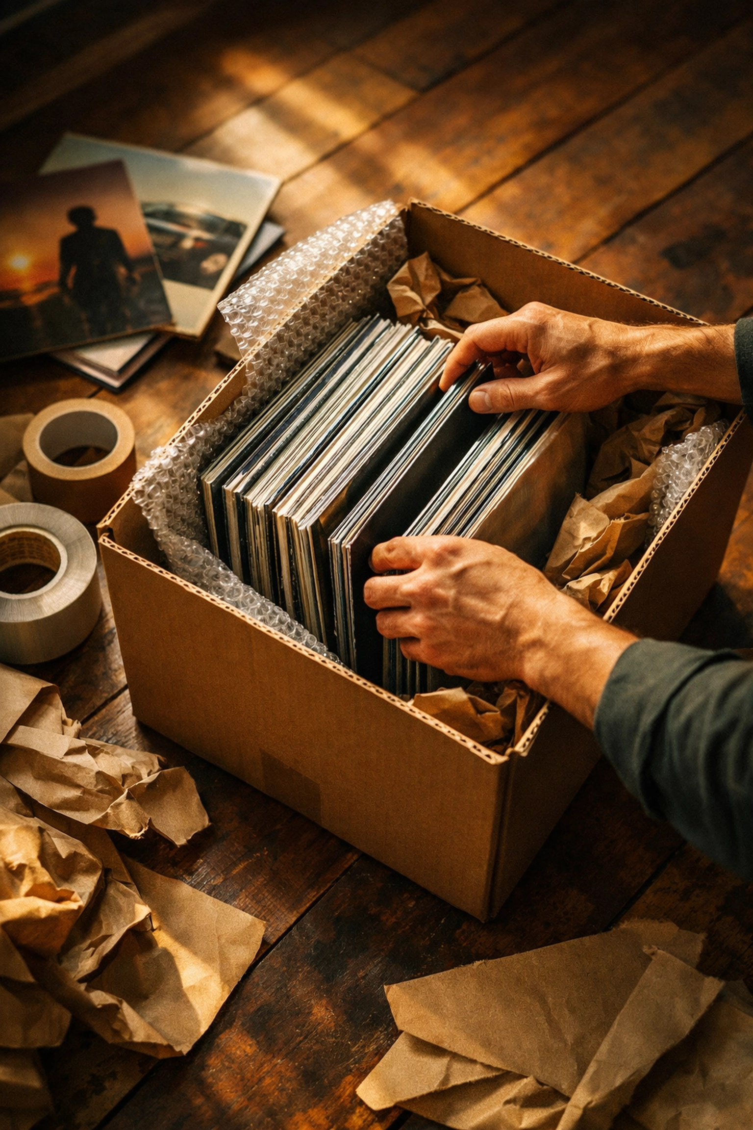 Hands packing vinyl records vertically in moving box with bubble wrap and packing materials