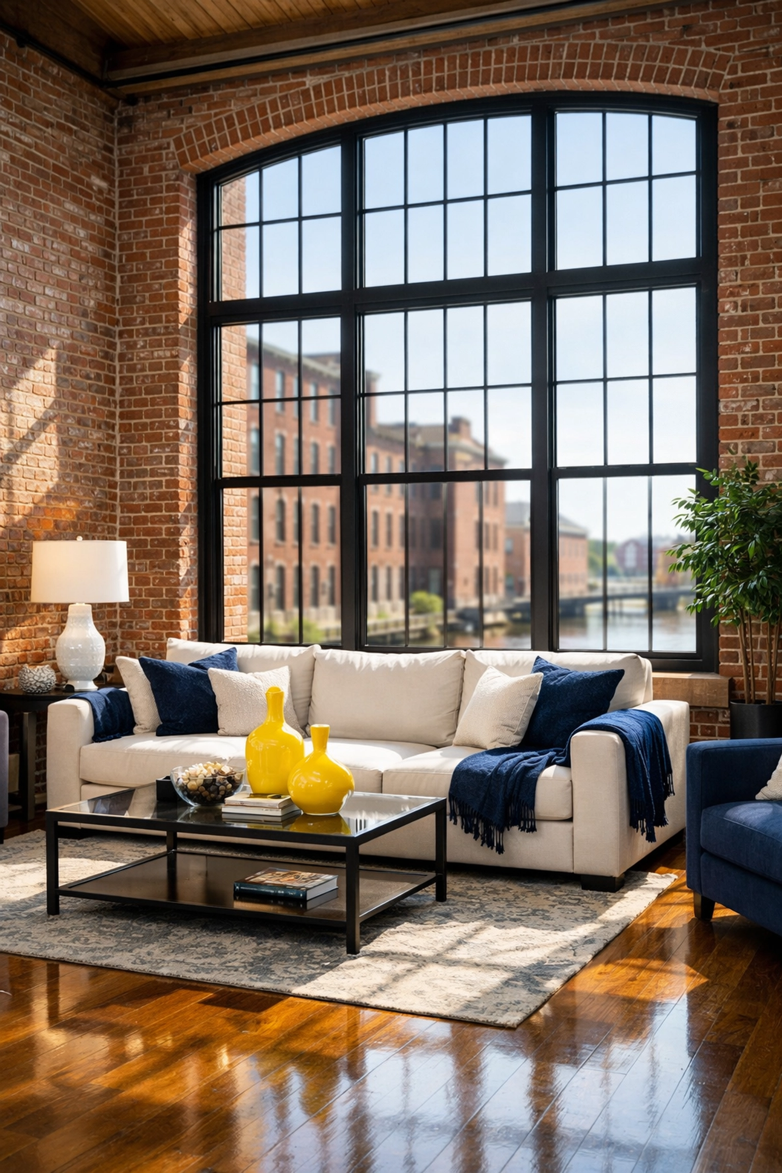 Professionally cleaned luxury loft in a Lowell mill featuring spotless hardwood floors and historic brick.