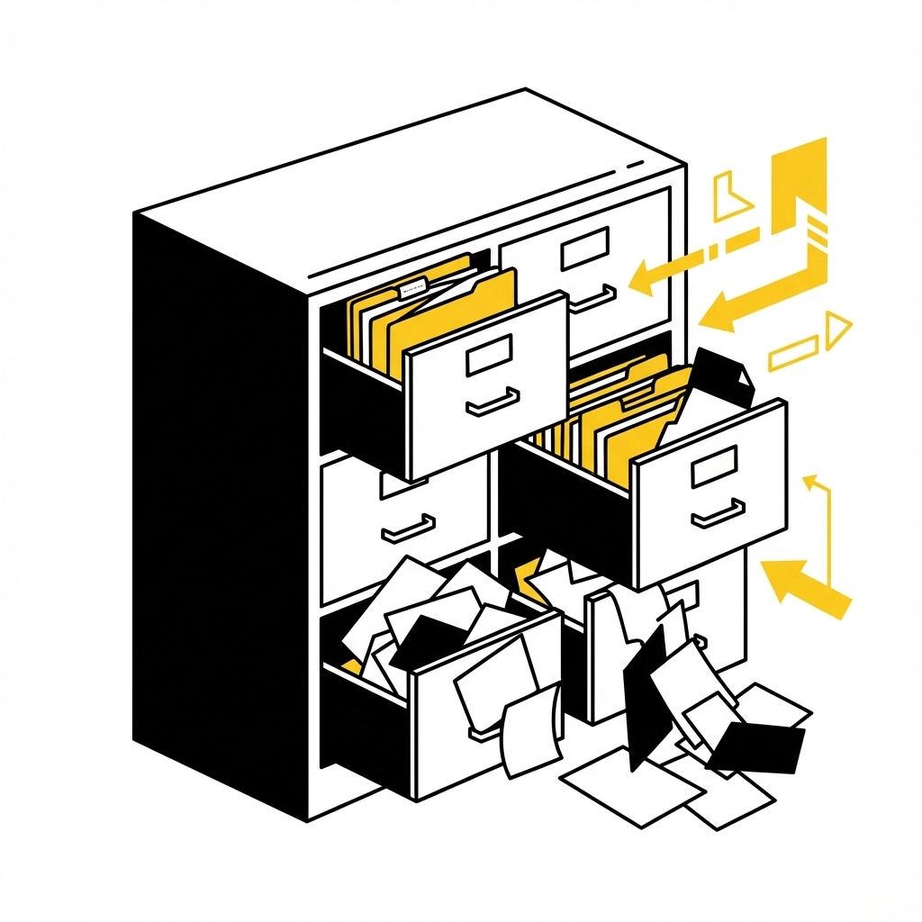 Open filing cabinet with papers and folders spilling out. Yellow arrows suggest chaos or disorganization. Black, white, and yellow colors.