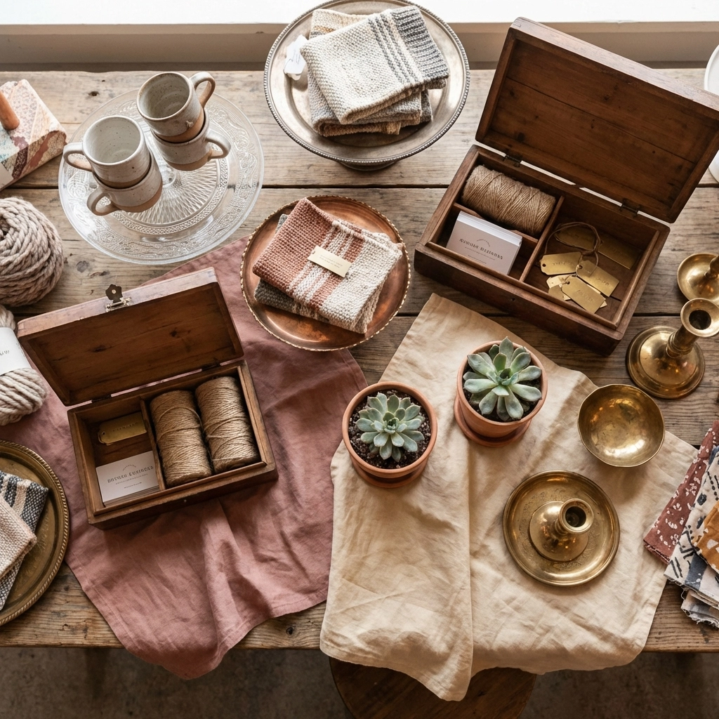 Overhead view of bohemian-rustic craft show props, table displays, and handmade decor materials organized for booth setup.