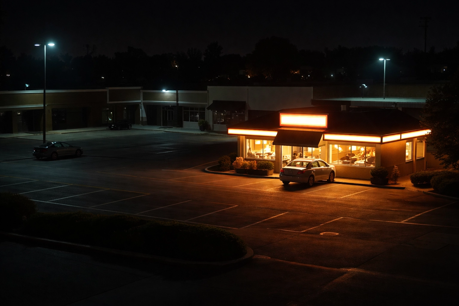 Empty strip mall parking lot at 2am with a single drive-through restaurant open, showing late-night dining demand in San Ramon