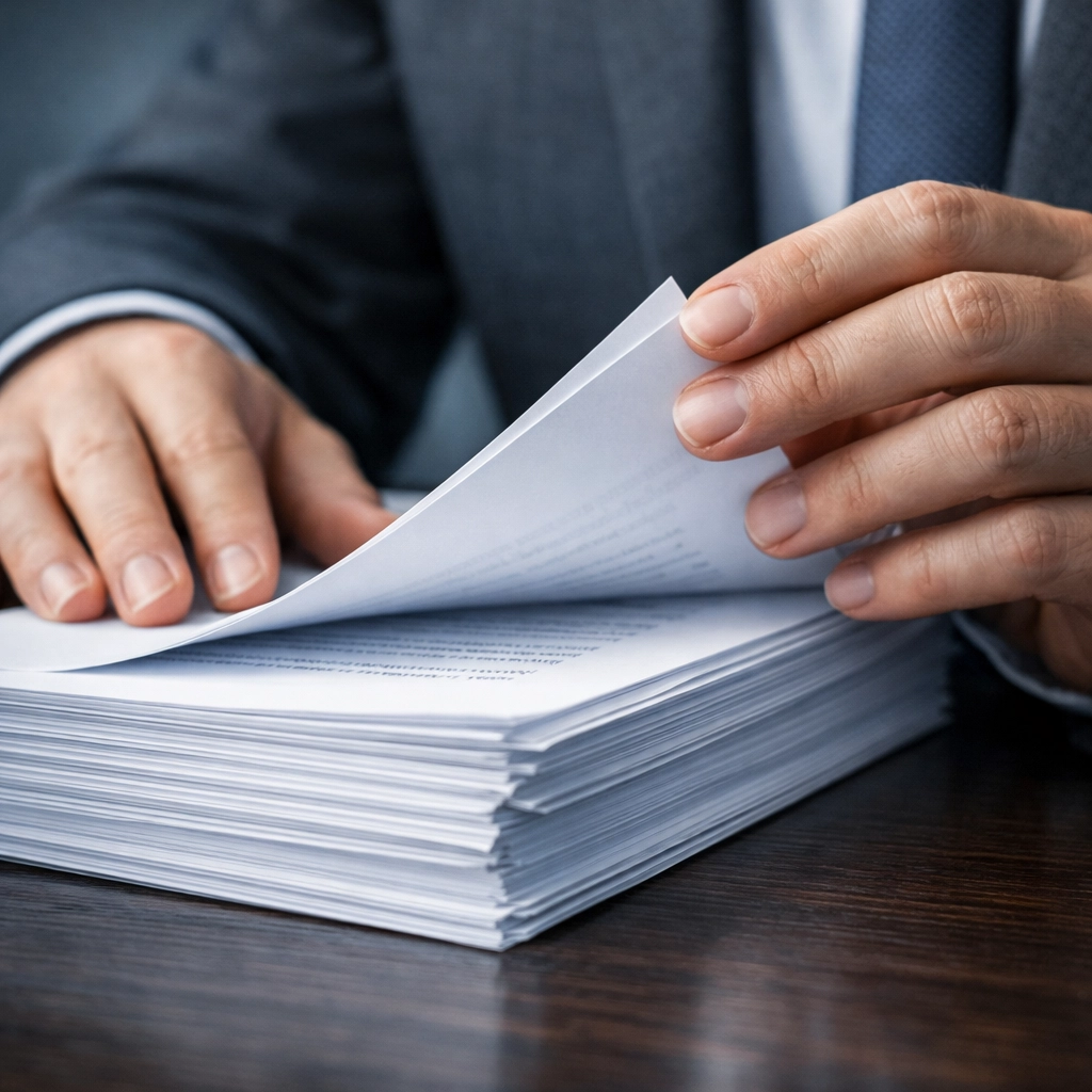 Business professional reviewing legal documents during the due diligence process of selling a business.