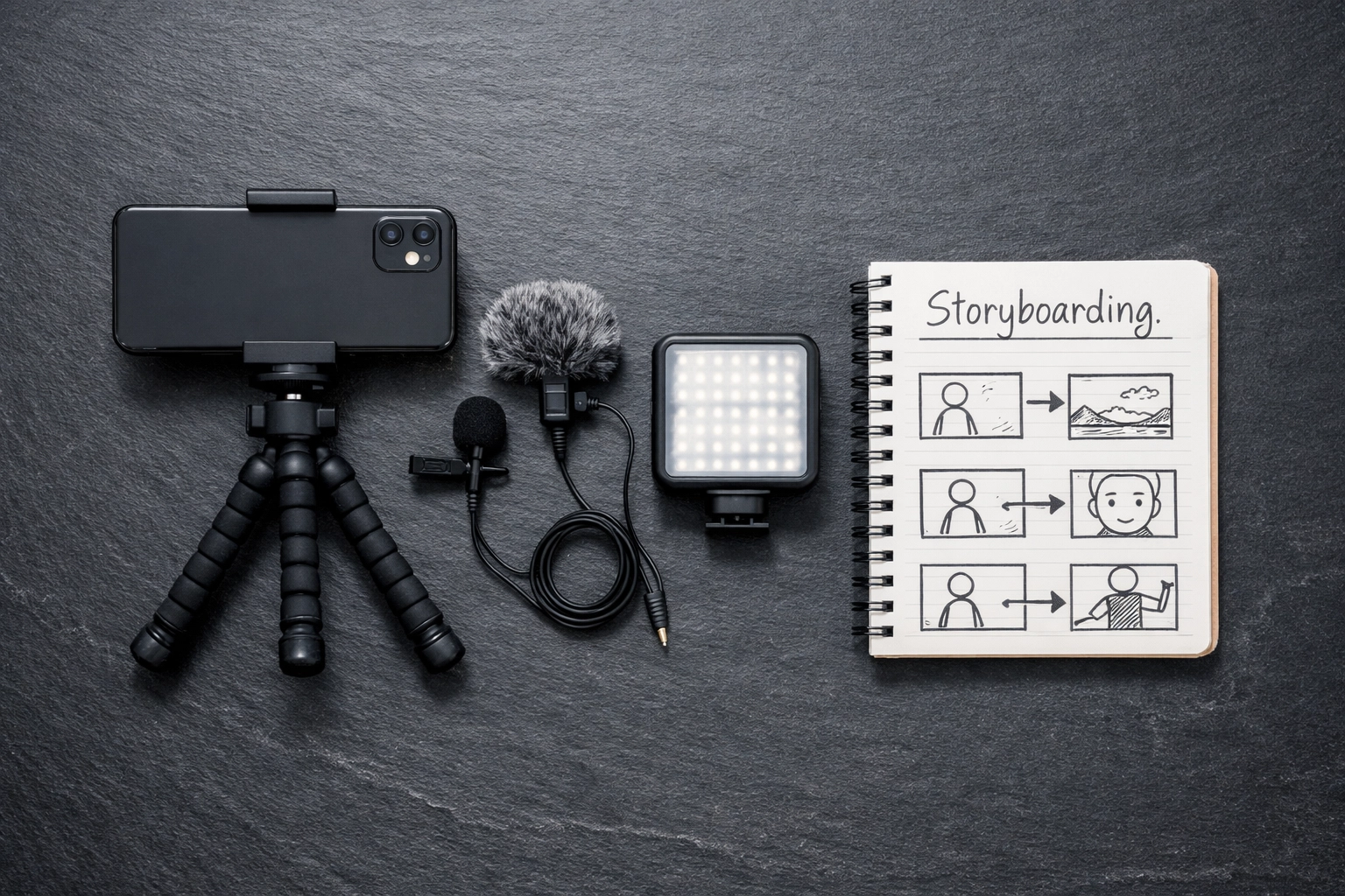 Essential smartphone vlogging gear kit including tripod, microphone, and LED light for beginners.