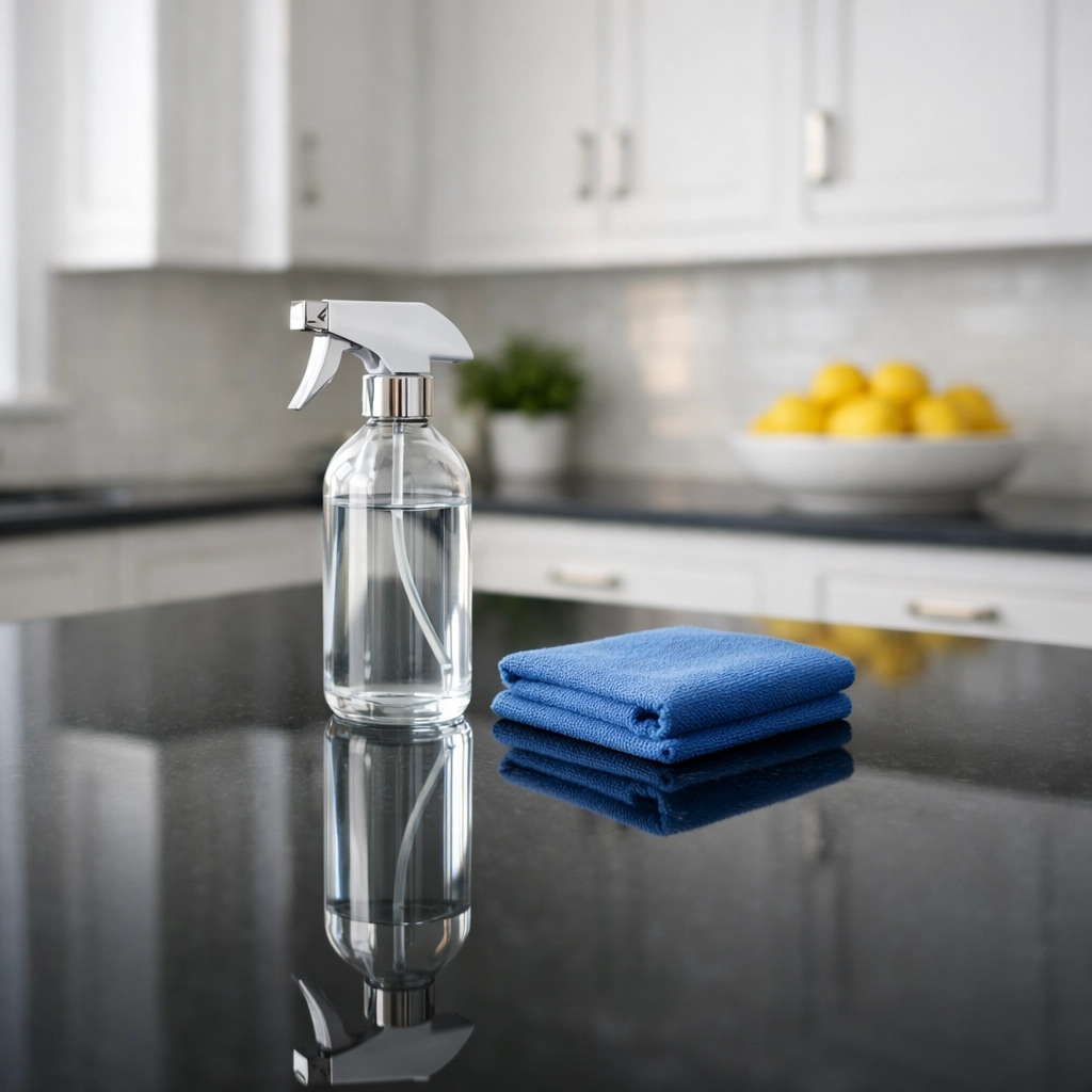 Professional house cleaning in a Marlborough kitchen featuring a spotless quartz countertop and microfiber cloth.