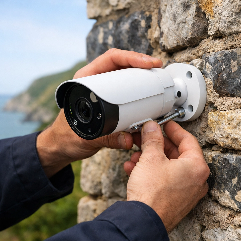 Expert security technician installing an advanced CCTV camera for a home in Dorset.