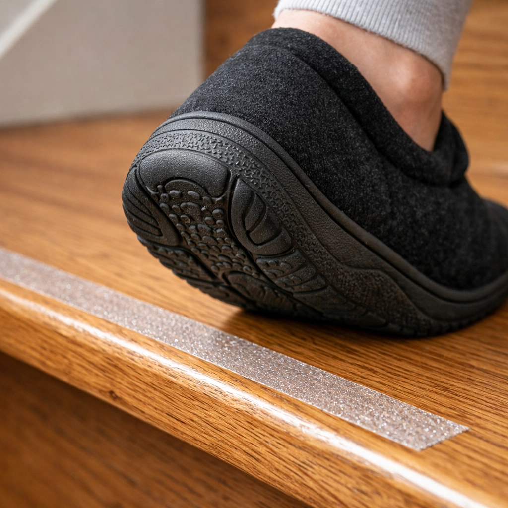 Person wearing non-slip shoes on a wooden step with an anti-slip adhesive safety strip.