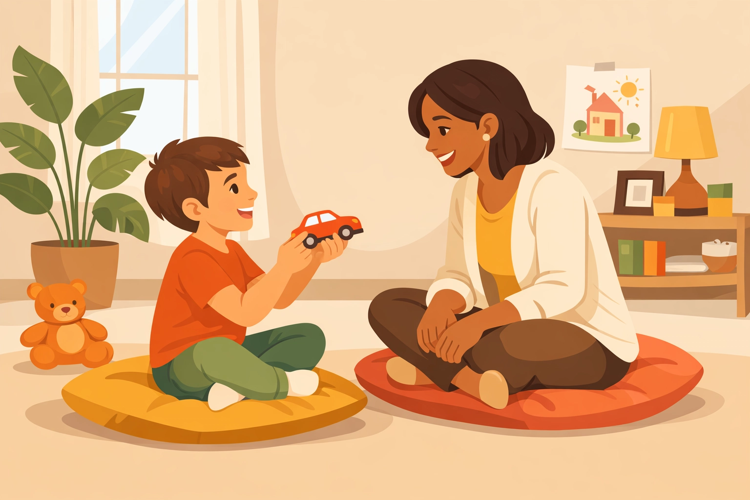 Child and ABA therapist building trust during a calm, child-centered therapy moment at home