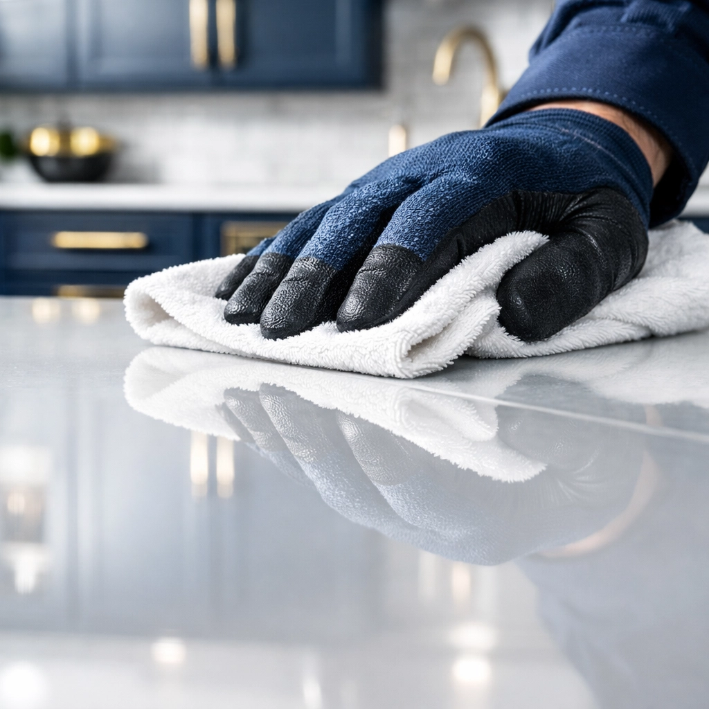 Professional cleaners in Leominster MA wiping a kitchen island for a detailed residential clean.