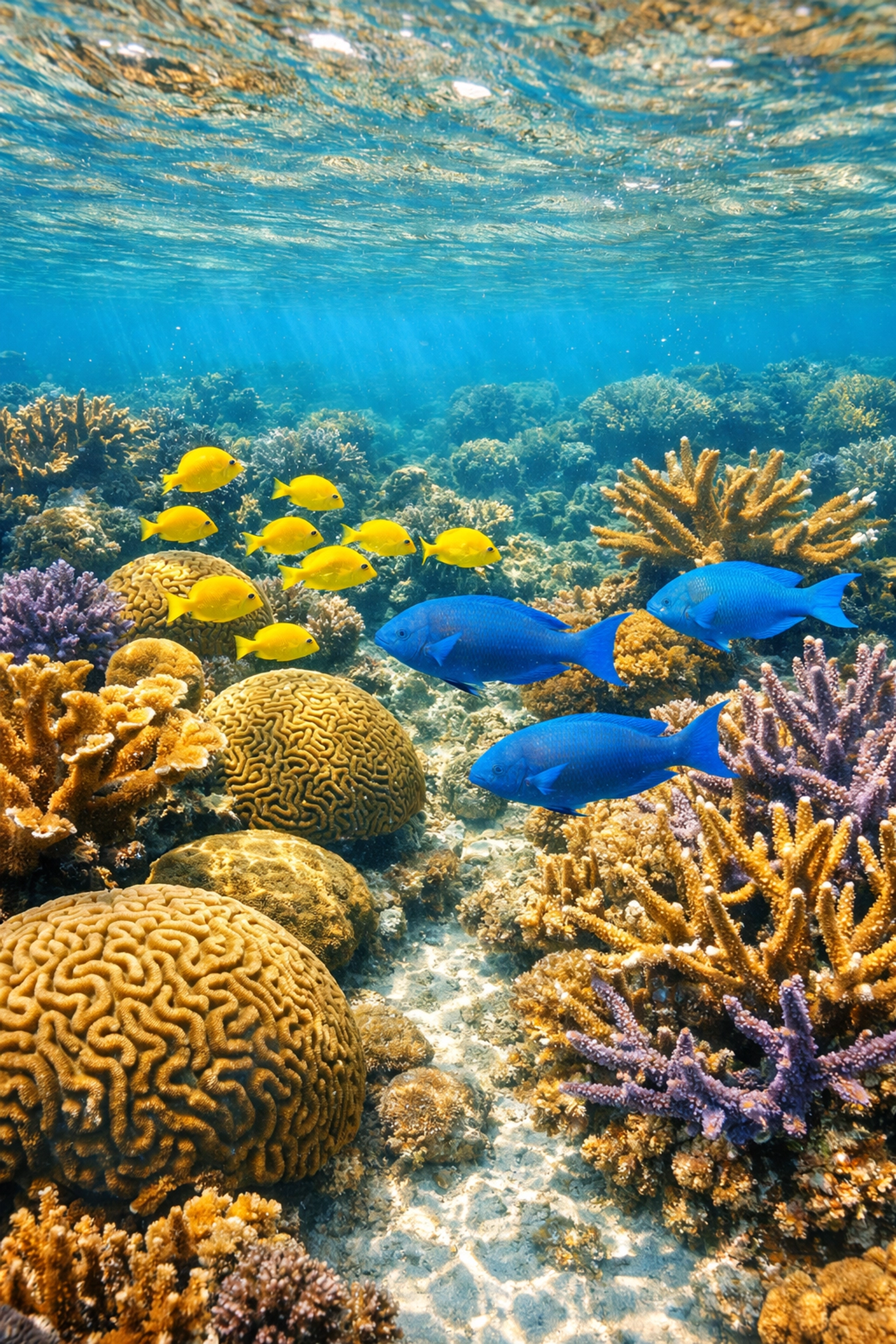 Colorful coral formations and tropical fish on Belize Barrier Reef educational diving expedition