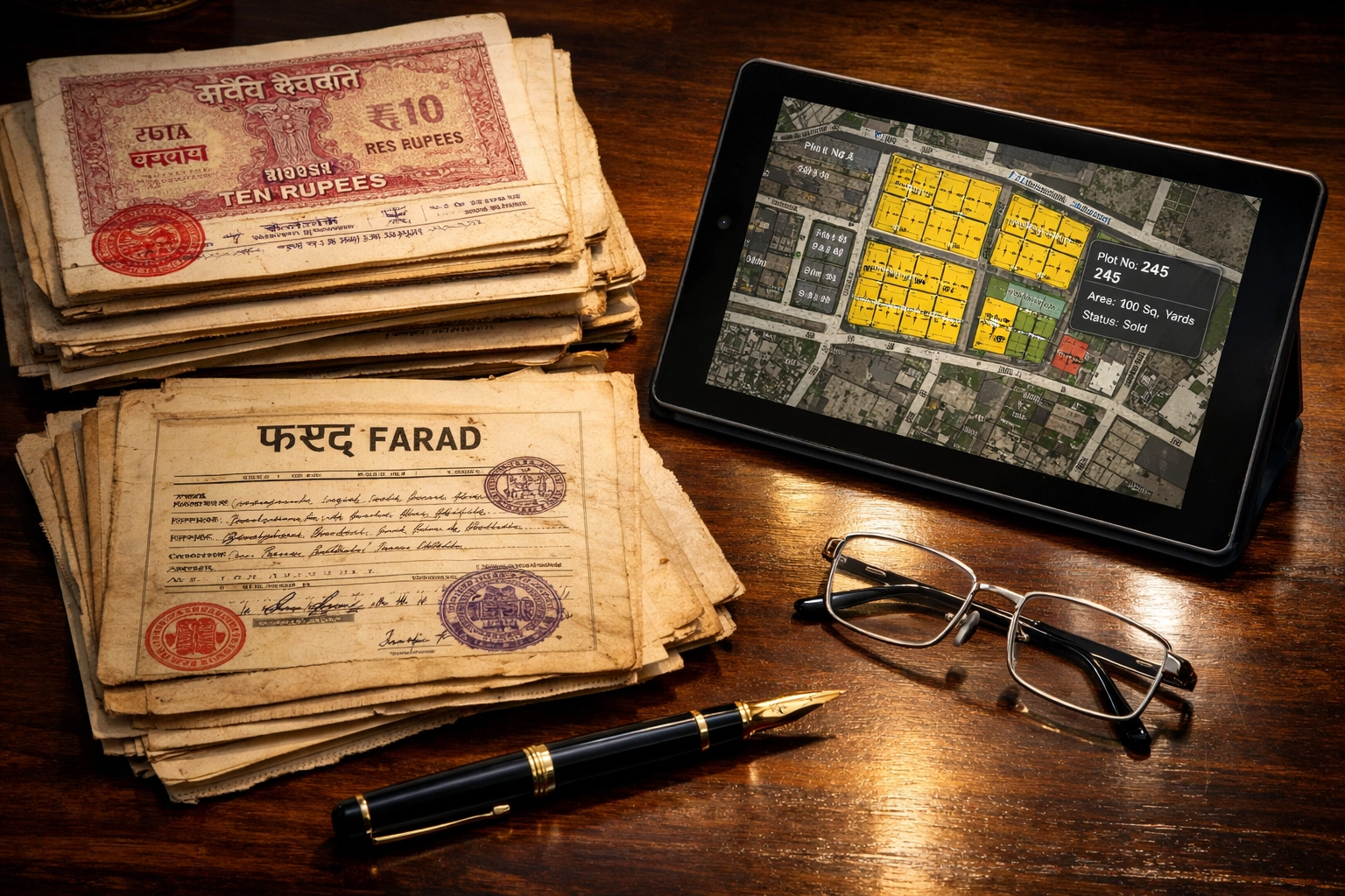 Property lawyer in Ludhiana conducting due diligence with official land records and stamp papers.