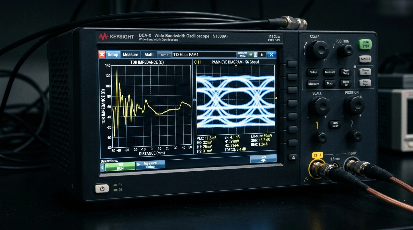 Macro photograph of a TDR eye diagram and PAM4 measurement screen on a lab oscilloscope, captured like real instrument photography