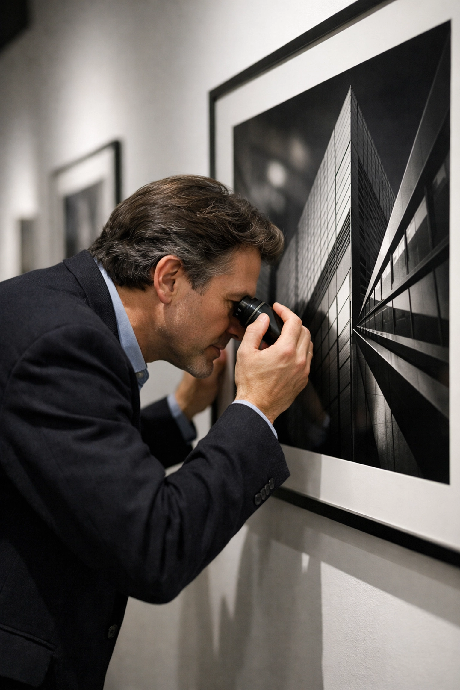 Art curator in a Chelsea gallery inspecting a limited edition photography print for sharpness and detail.