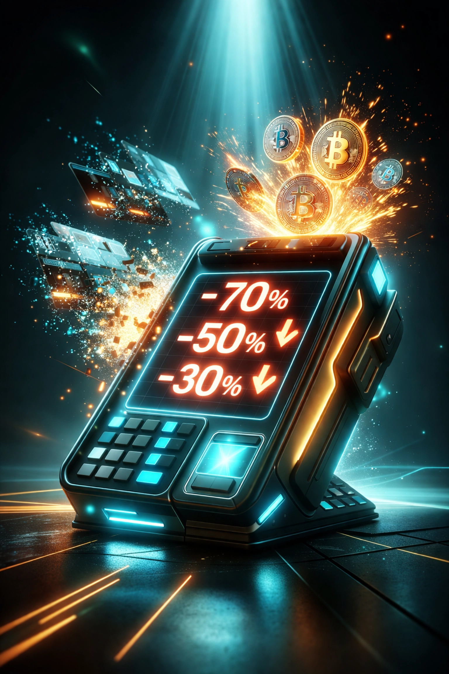 Futuristic payment terminal illustrating reduced merchant interchange fees with digital crypto symbols and slashed percentages.