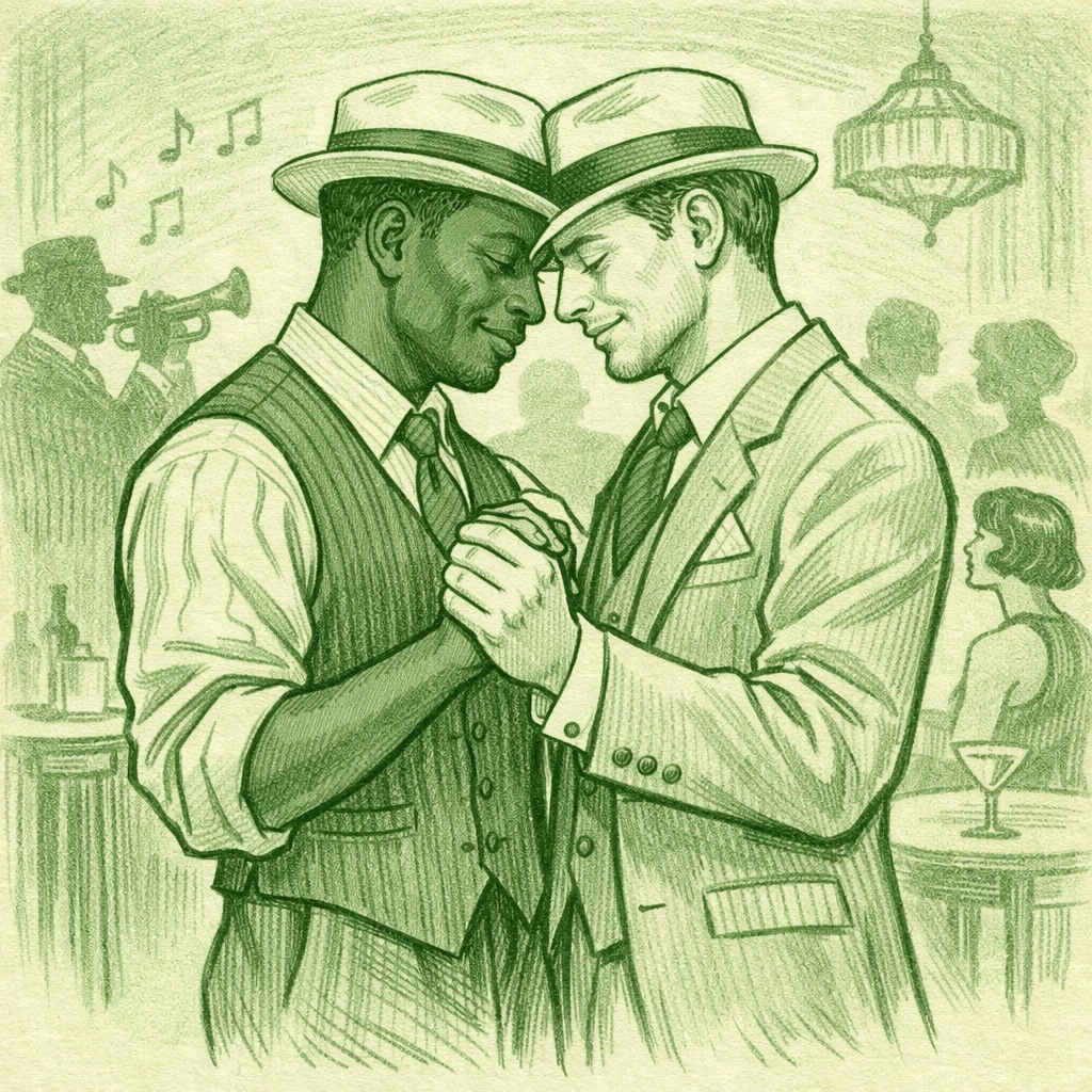 Intersectional gay couple dancing together in a 1930s Soho bohemian nightclub.