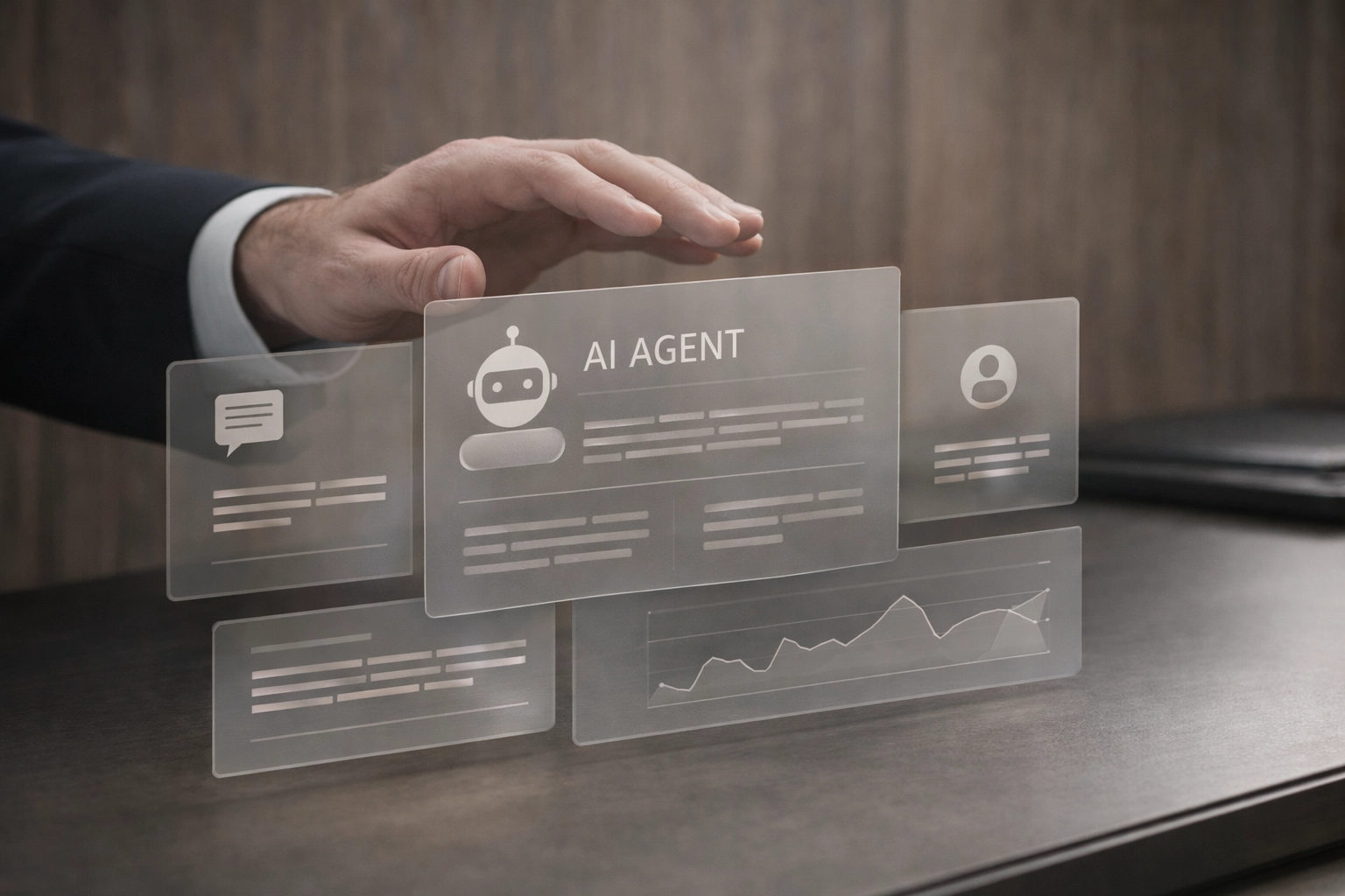 A professional interacting with a holographic AI agent representing agentic automation in a GTM strategy.