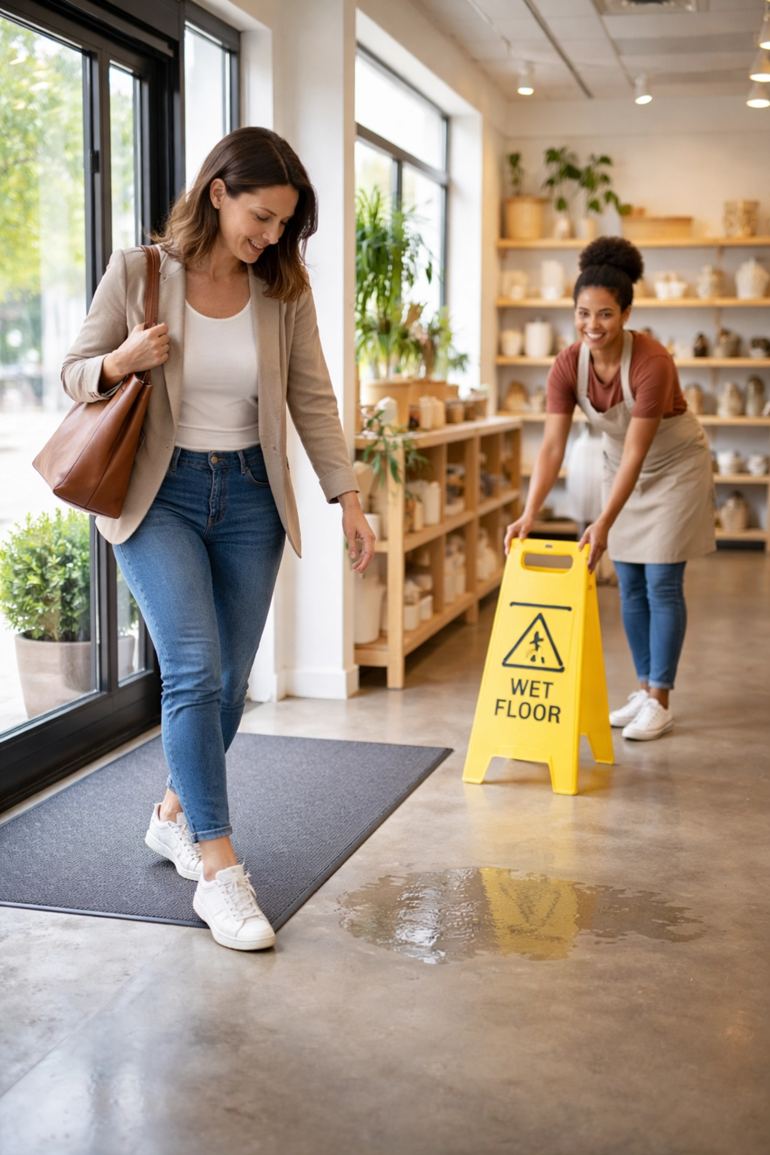 Customer navigating wet floor in retail store as employee sets caution sign, representing liability risk in Houston businesses.
